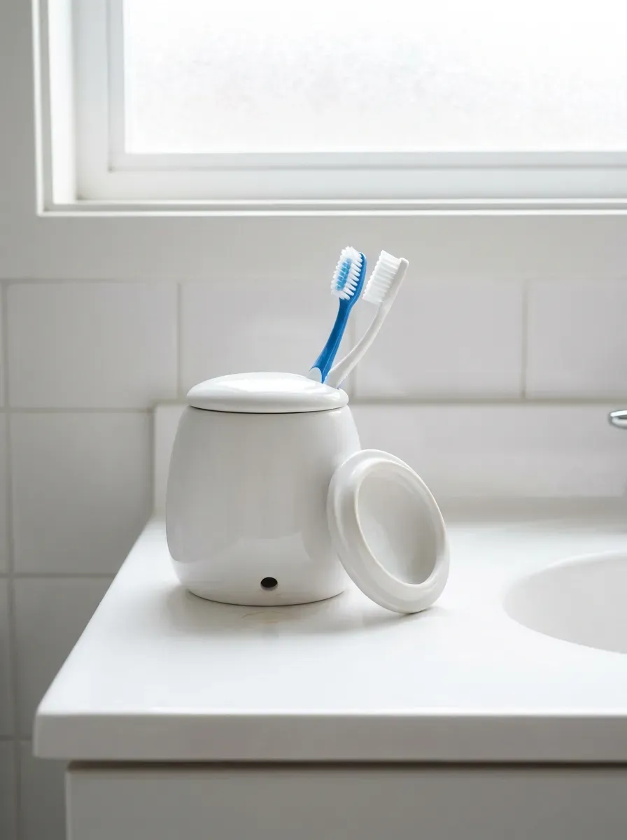 White ceramic lidded toothbrush holder on clean bathroom counter with two toothbrushes