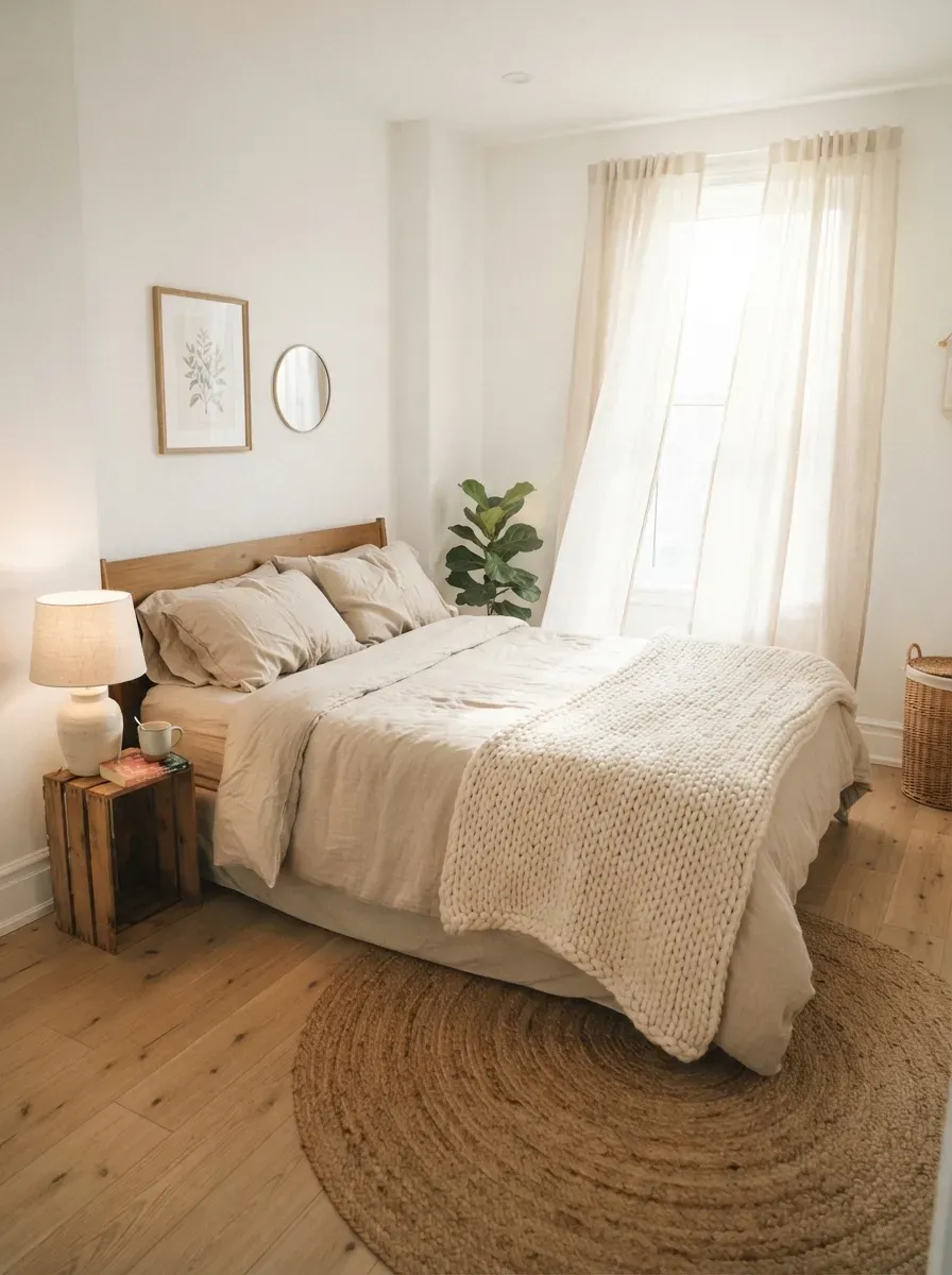 Cozy white painted small bedroom with beige bedding woven rug and natural sunlight
