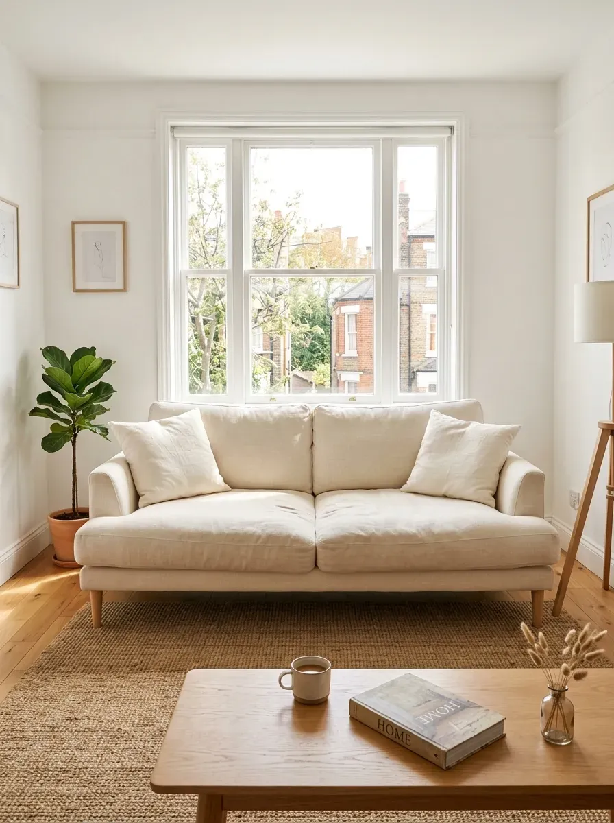 A light cream linen sofa with slim legs blends gently into a small airy apartment living room
