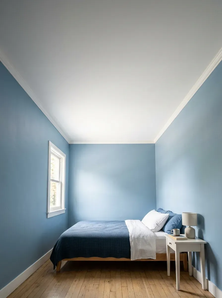 A small bedroom with pale blue walls and a bright white ceiling making the room feel taller