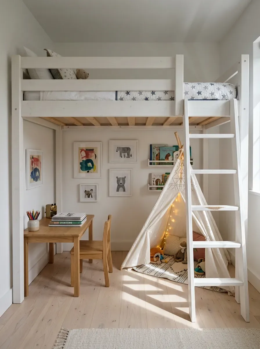White loft bed with teepee play area and desk visible underneath in a child's room