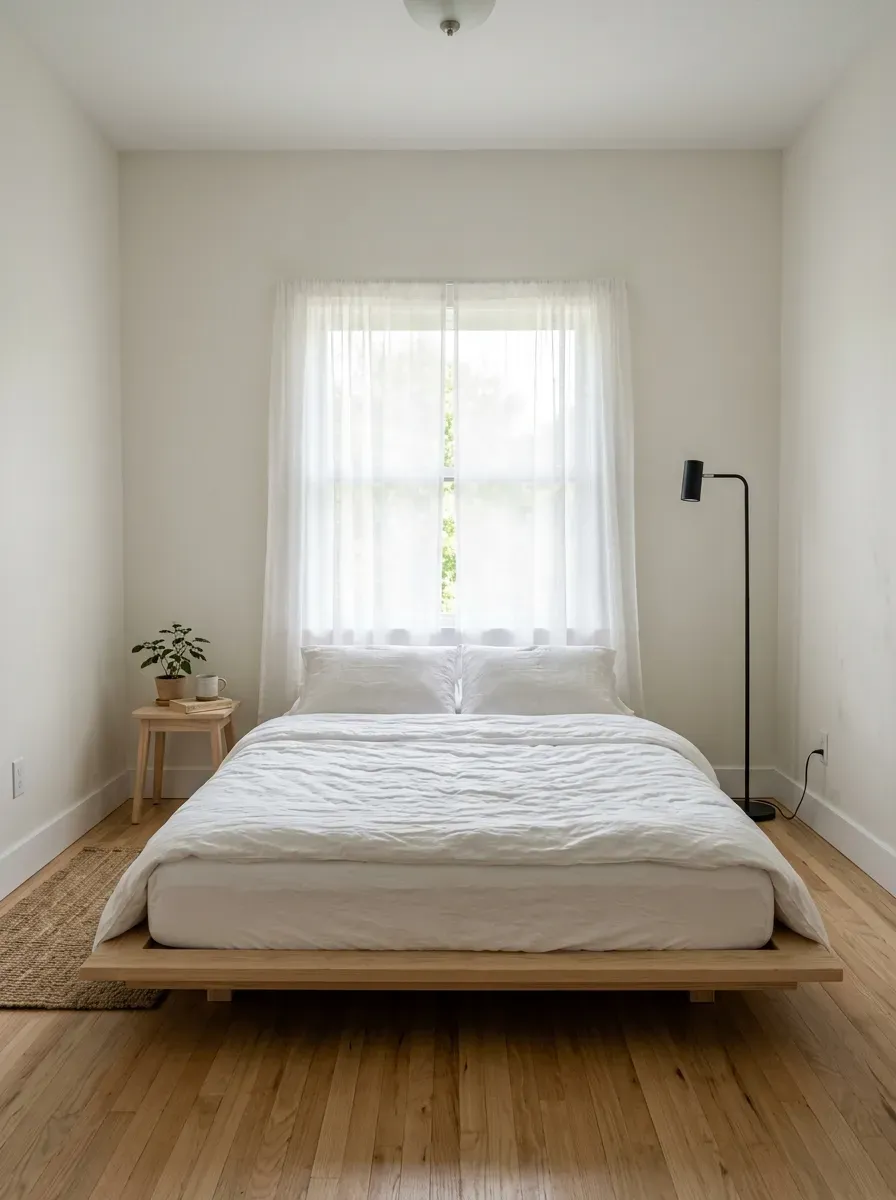 A minimalist small bedroom with a very low natural wood platform bed making the ceiling appear taller