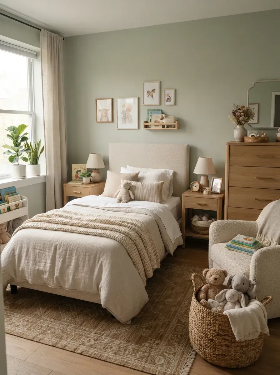 A children's bedroom with upholstered bed, wooden nightstands, and elegant lighting