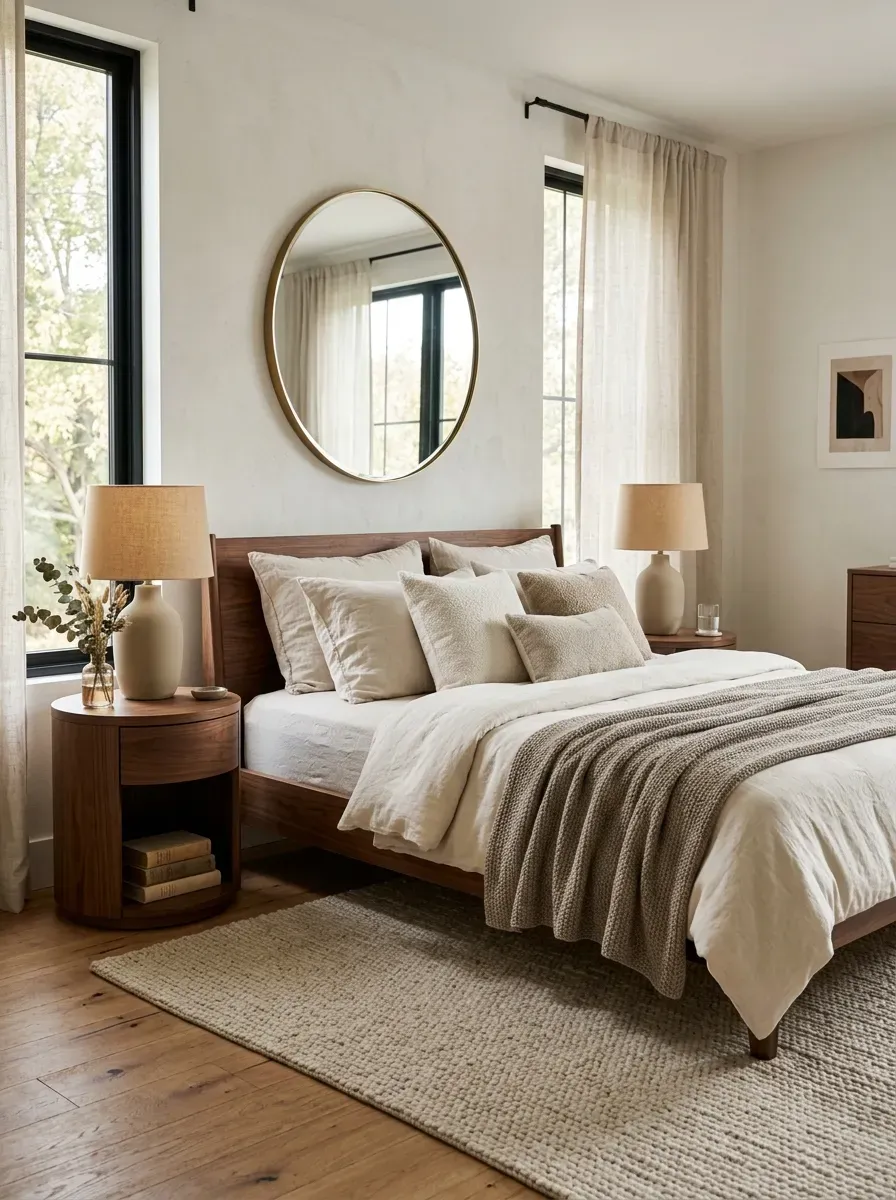 Luxury walnut wooden bed with layered neutral textures and sophisticated bedroom accents