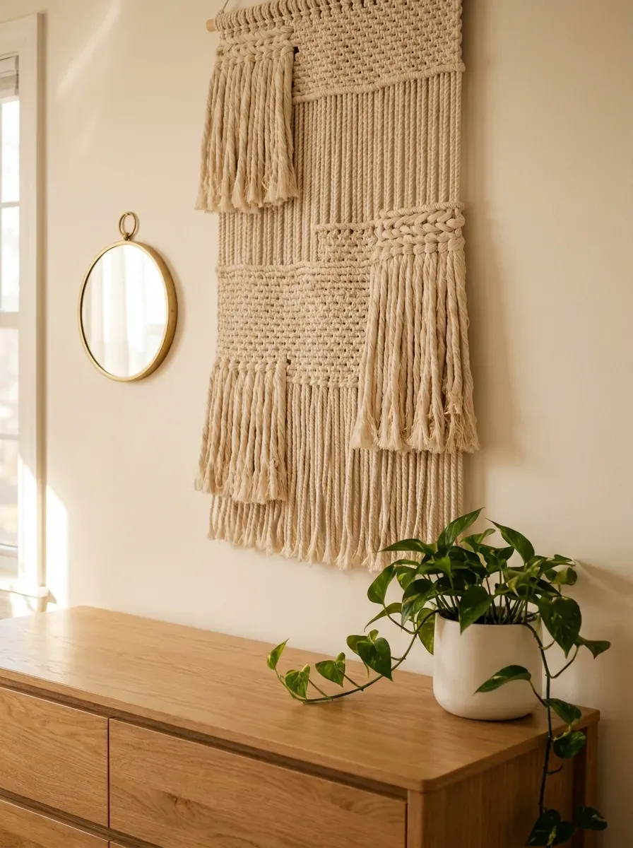 Large cream macramé wall hanging above natural wood dresser with trailing plant