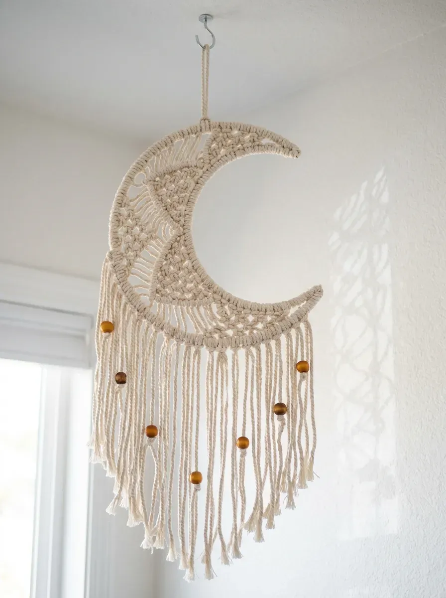 Hand-knotted ivory macramé half-moon mobile with wooden beads hanging from nursery ceiling
