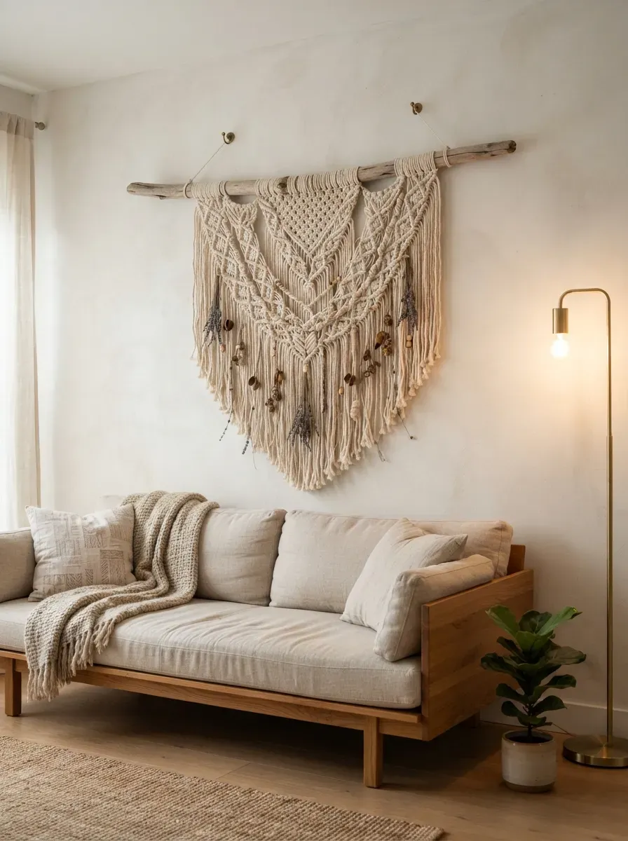 Large hand-knotted natural cotton macramé wall hanging above wooden sofa with dried botanicals