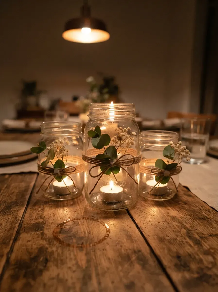 Three twine-wrapped mason jar candle holders glowing with tea lights on a rustic dining table