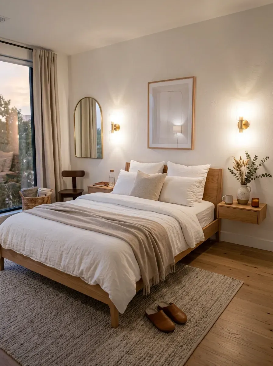 Minimalist wooden bed with floating nightstands and soft neutral bedroom styling