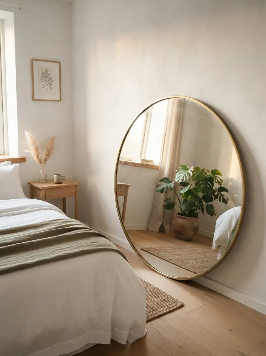 Stylish tiny bedroom with large round mirror reflecting sunlight and minimalist decor