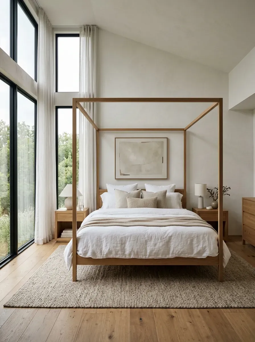 Modern wooden canopy bed with slim posts, sheer curtains, and neutral bedding