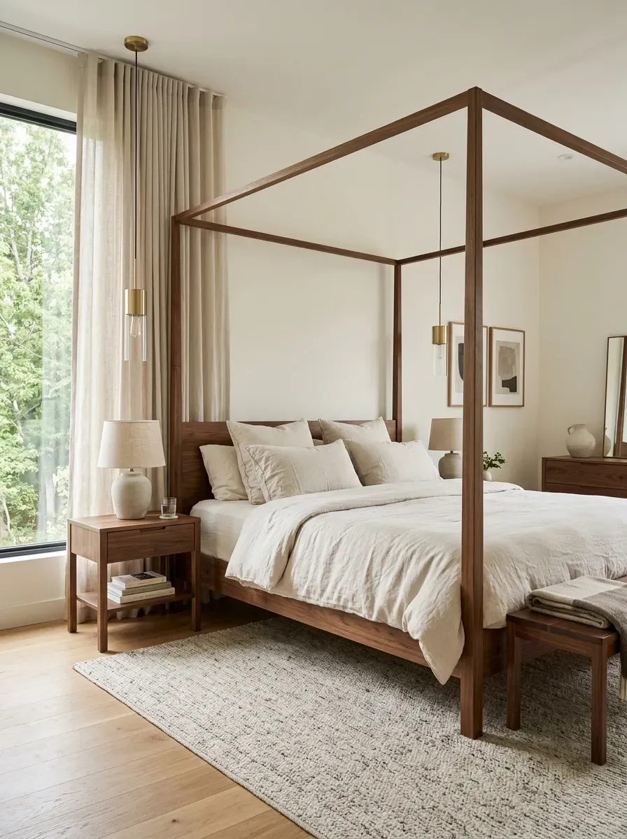 Modern four-poster wooden bed with slim posts, neutral bedding, and elegant lighting