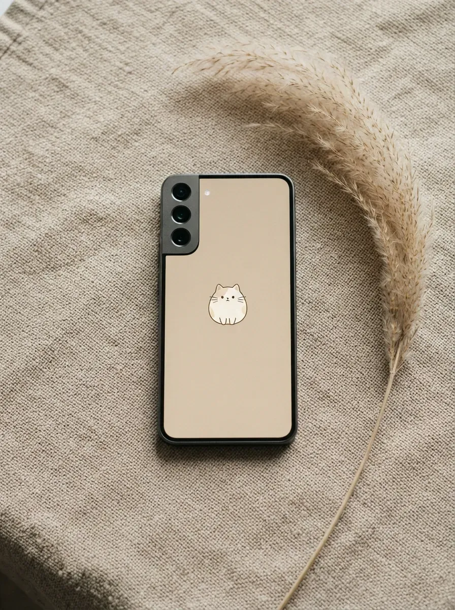 Phone on textured beige linen with pampas grass showing minimal Mofusand cat on warm background