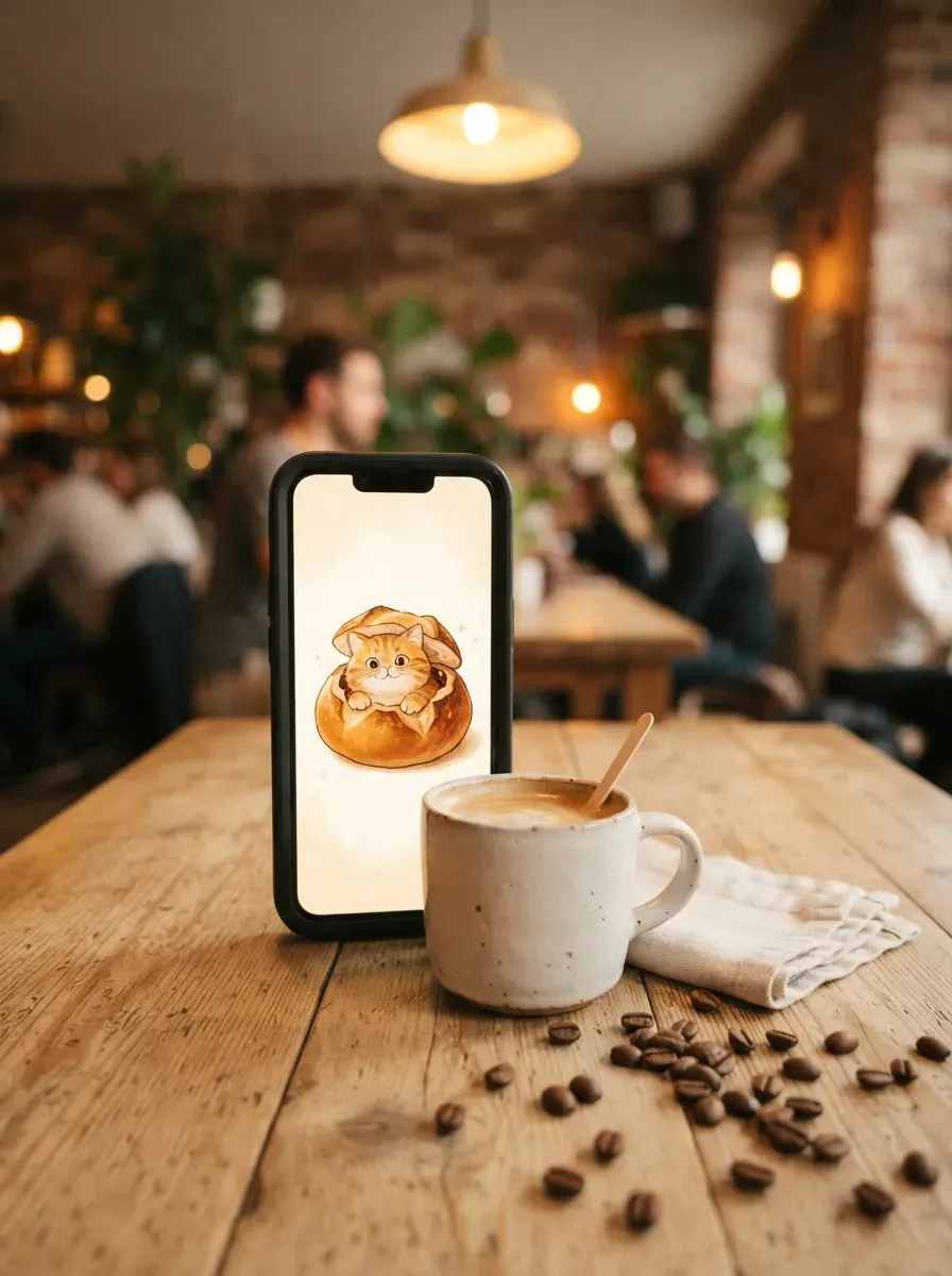 Phone propped against coffee cup on wooden café table showing cat peeking from bread loaf