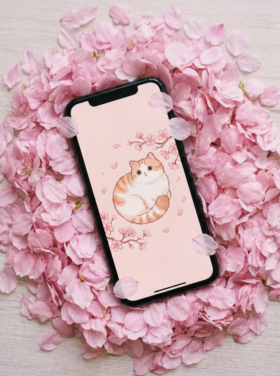 Phone lying on fallen cherry blossom petals on wood showing sakura Mofusand cat