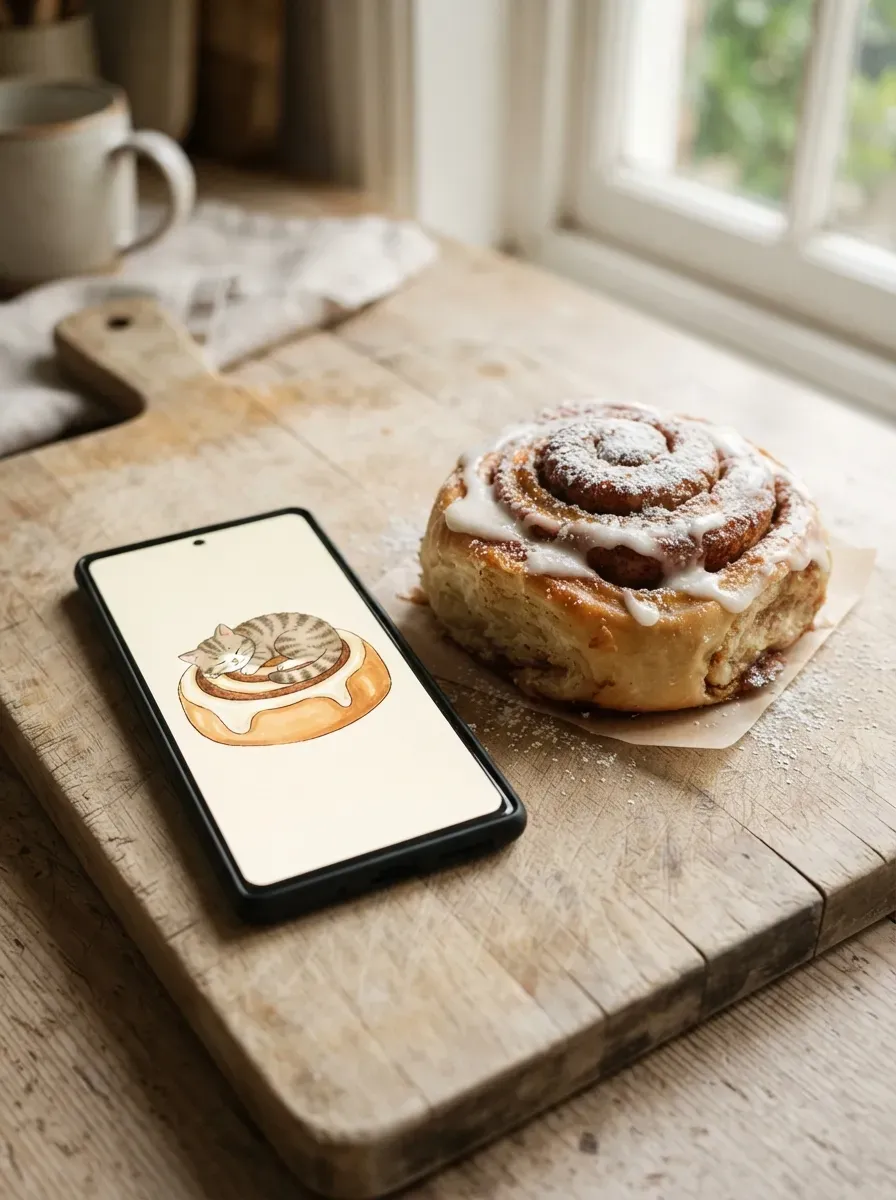 Phone on wooden cutting board next to real cinnamon roll showing Mofusand cat curled in pastry