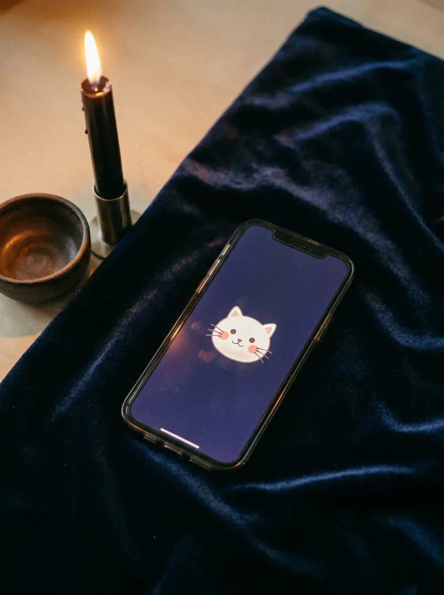 Phone face-up on dark navy surface with glowing Mofusand cat on indigo screen