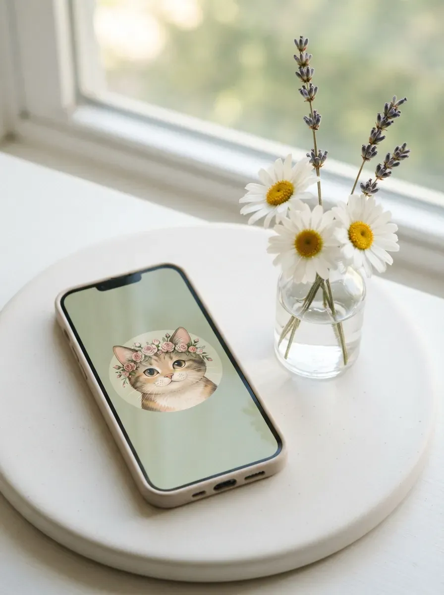 Phone beside fresh daisies and lavender showing Mofusand cat wearing illustrated flower crown