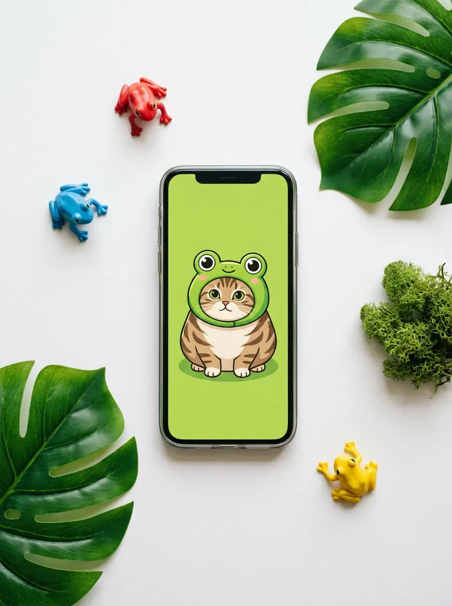 Phone flat lay showing Mofusand cat in frog hat on white surface with frog figurines