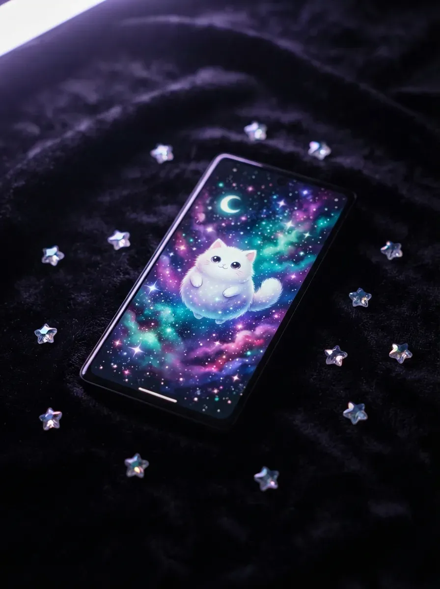 Phone on dark velvet with star gems showing Mofusand cat in glowing galaxy scene