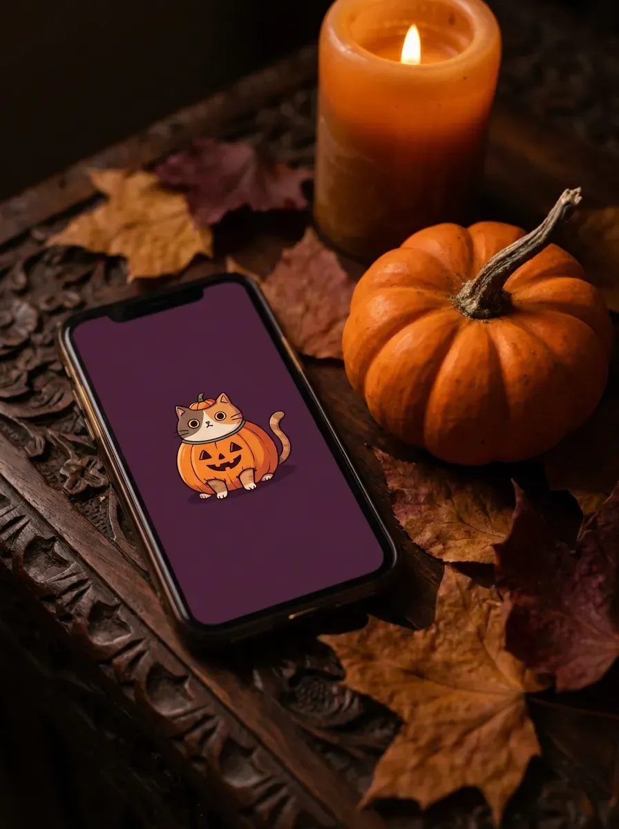 Phone beside mini pumpkin and autumn leaves showing Mofusand cat in jack-o-lantern costume
