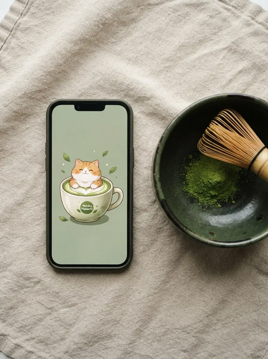 Phone beside ceramic matcha bowl and bamboo whisk on linen showing matcha cup Mofusand cat