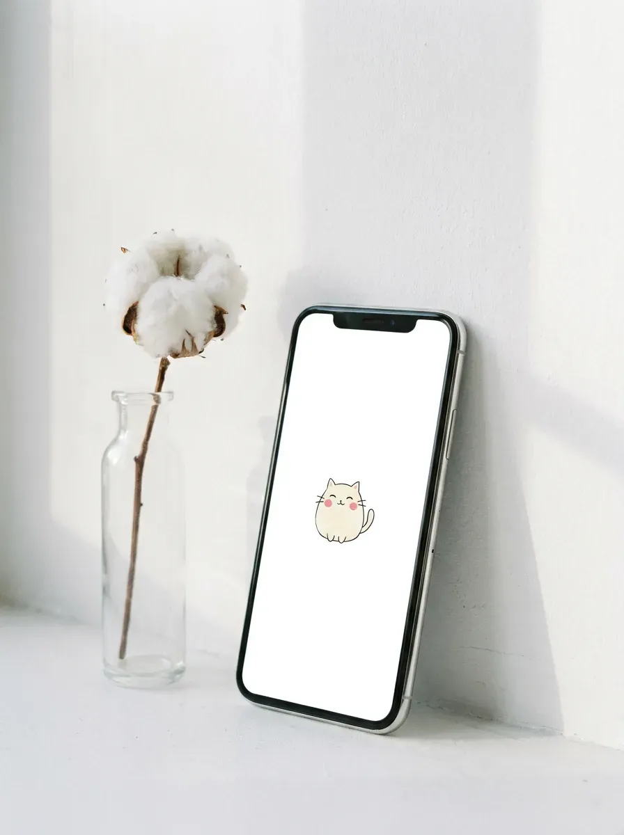 Phone against white wall showing single centered Mofusand cat on pure white screen