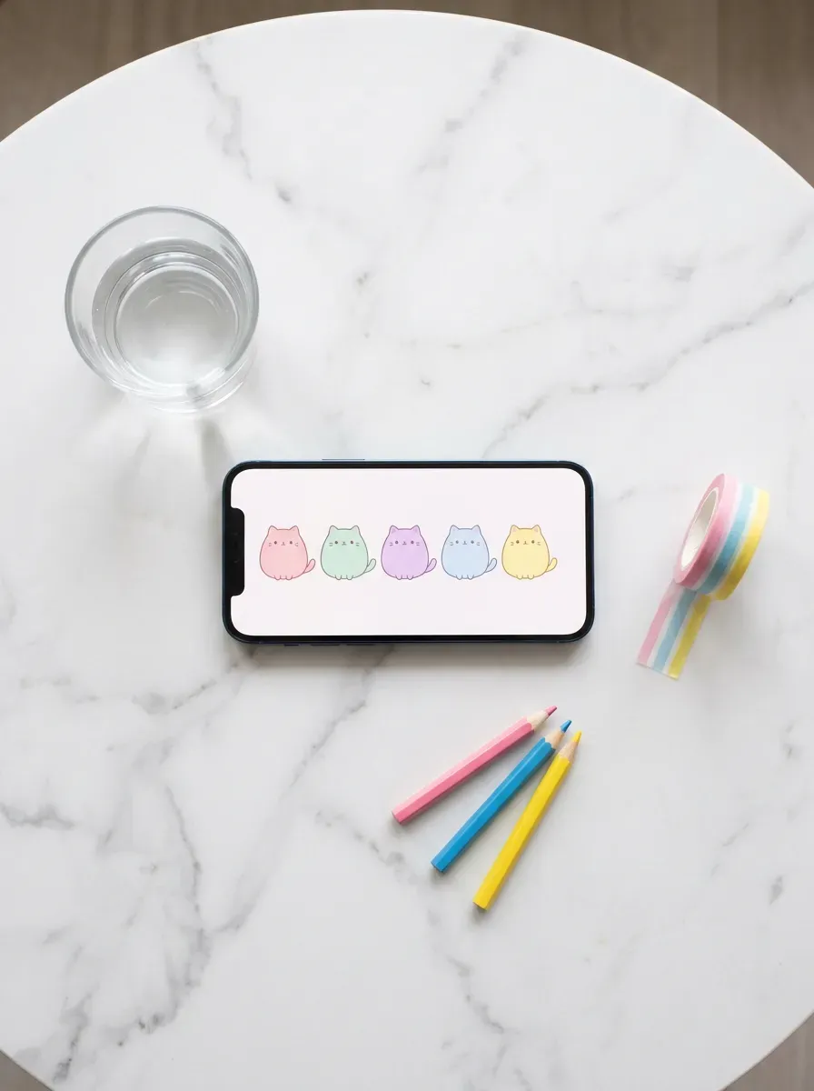 Smartphone flat on white marble showing row of rainbow pastel Mofusand cats