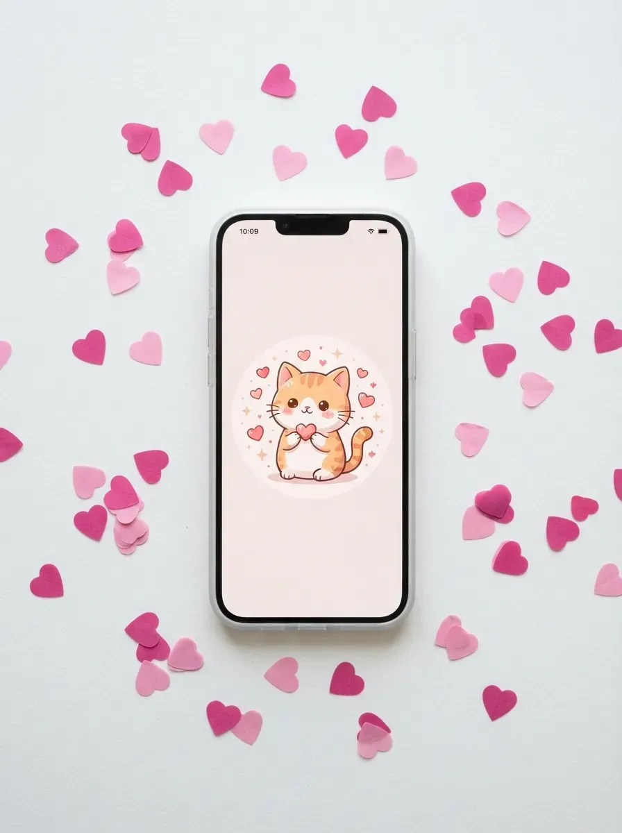 Phone on white surface with pink heart confetti showing Mofusand cat surrounded by hearts