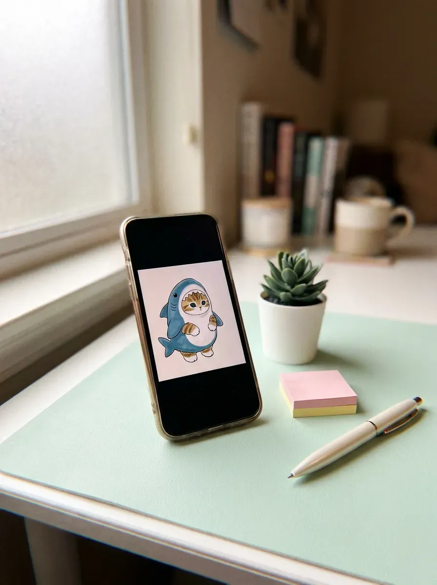 Phone screen showing chubby Mofusand cat in blue shark costume on pastel desk