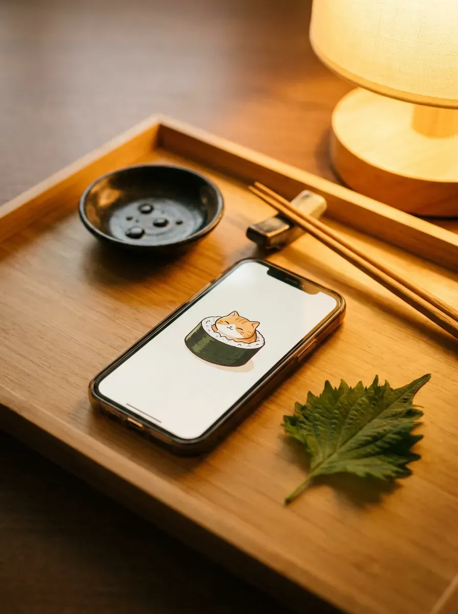 Phone on Japanese wooden tray beside soy sauce dish showing cat inside sushi roll