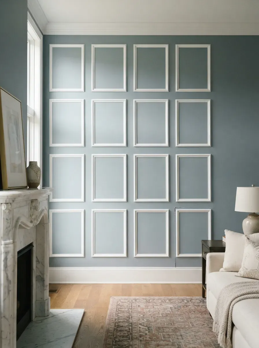 White picture frame molding panels on dusty blue wall beside marble fireplace mantel