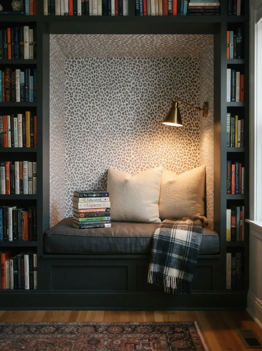 Cozy built-in reading nook with grey and white cheetah print wallpaper and stacked books