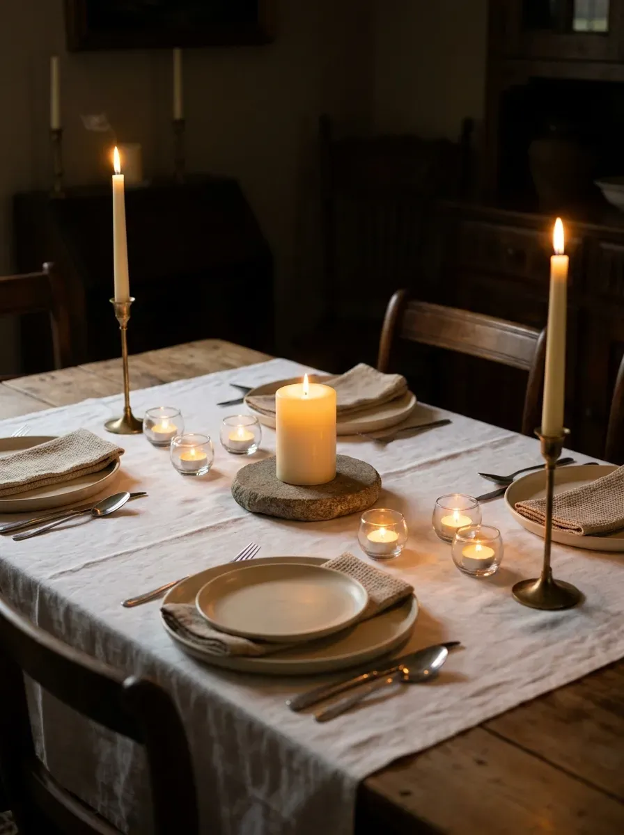 Dinner table with taper candles, glass votives, and pillar candle creating layered candlelight