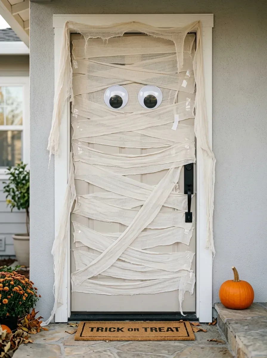 White gauze wrapped across front door with oversized googly eyes for Halloween