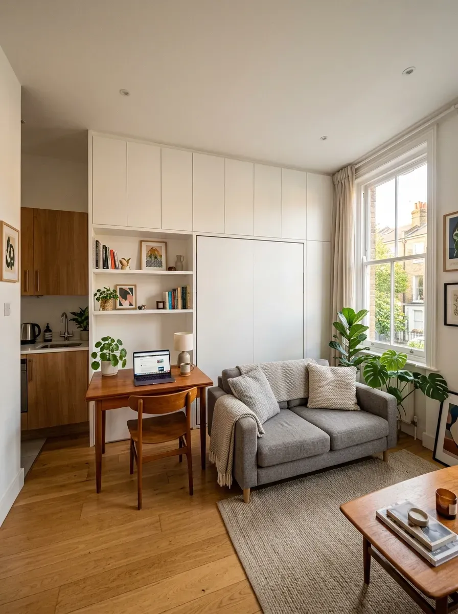 A studio apartment in daytime mode with a Murphy bed fully folded into a white built-in cabinet