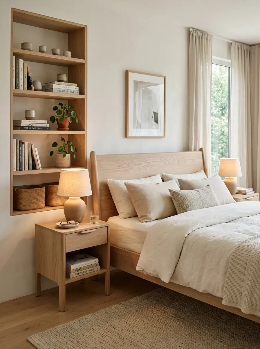 Natural wood bed with curved details, rounded furniture, and soft neutral bedroom decor