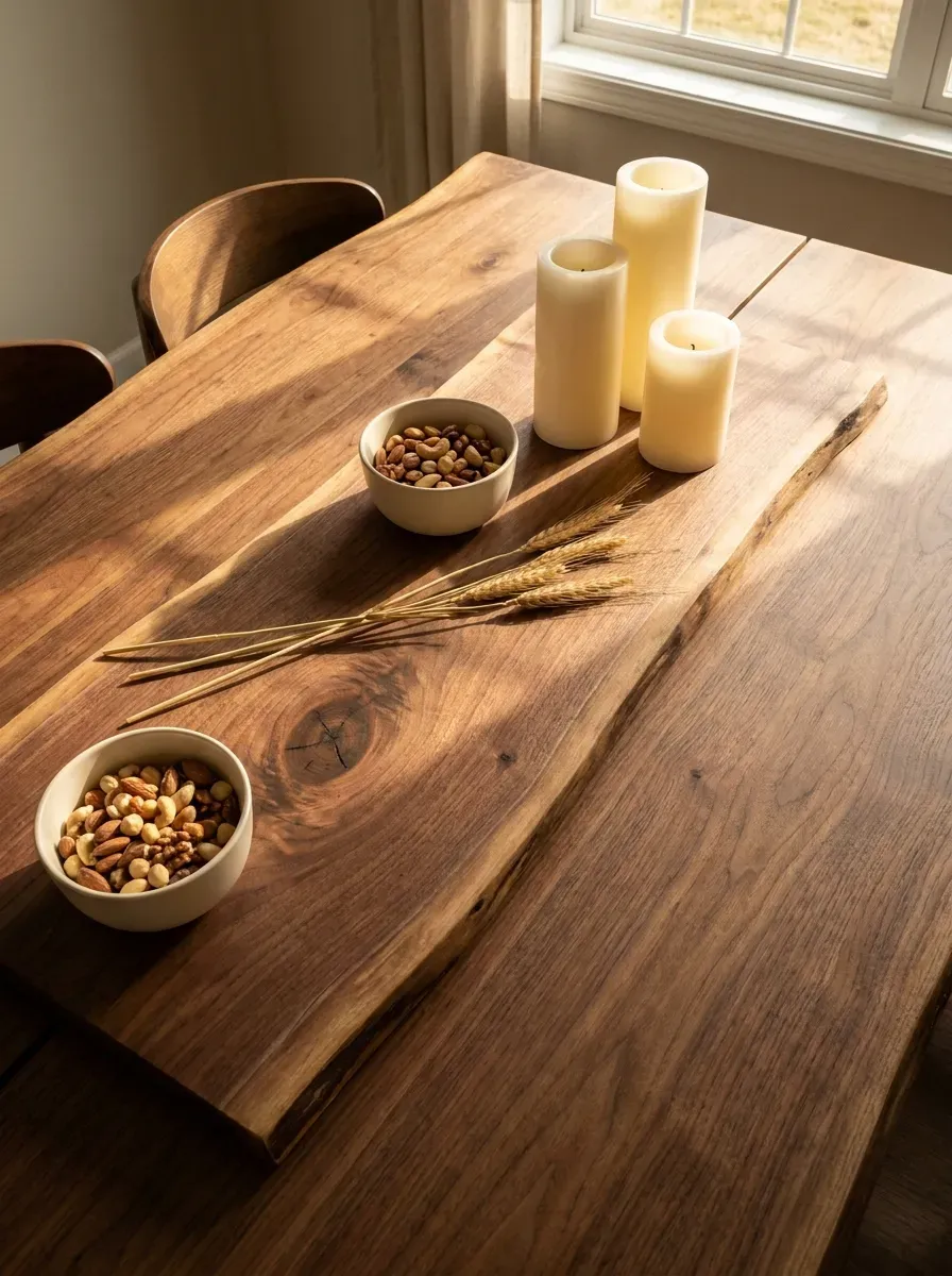 Live-edge wooden board centerpiece with candles, ceramic bowls, and dried wheat grass