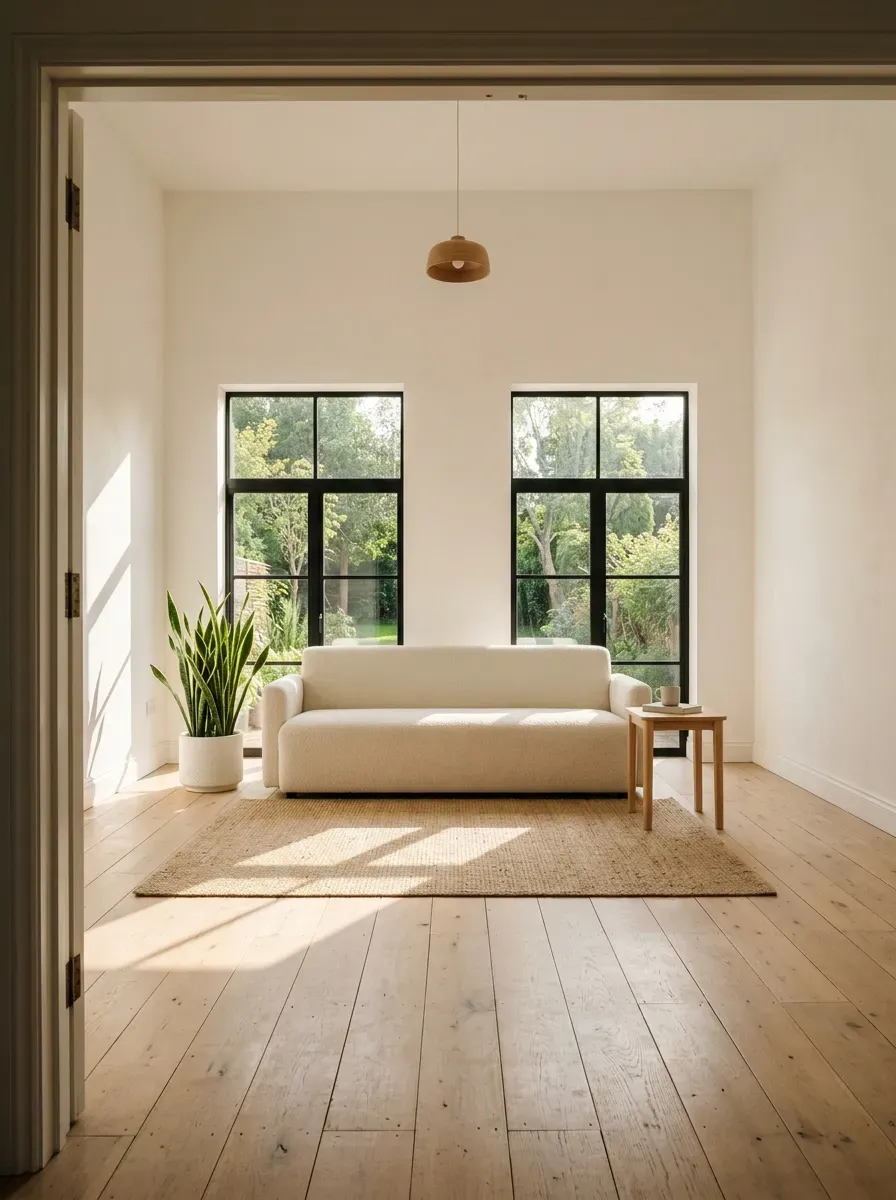 A small living room with intentionally minimal furniture surrounded by generous open floor and wall space
