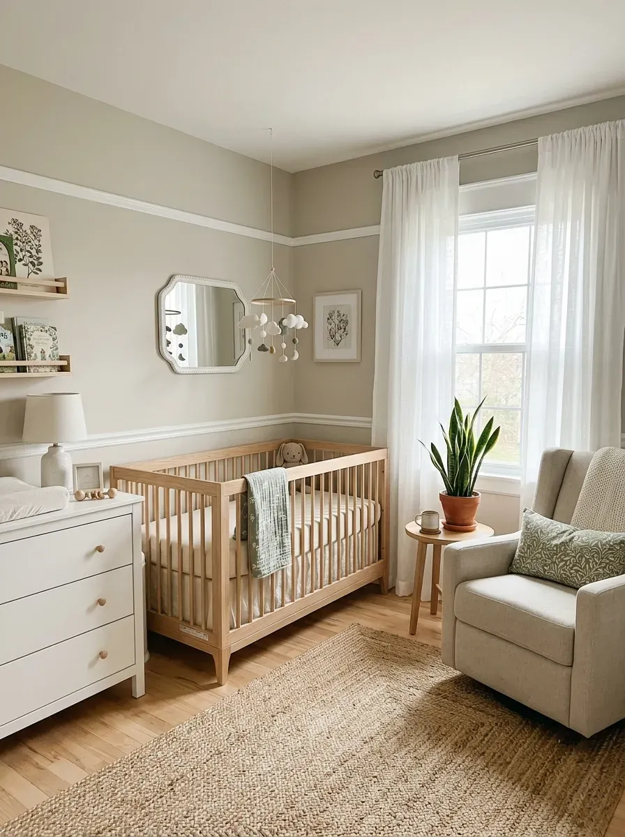 Warm greige nursery with natural wood crib and linen glider in soft daylight