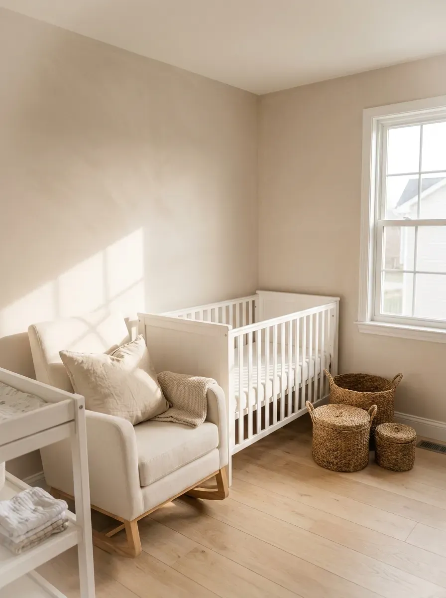 Simple nursery with white crib, rocking chair, and woven baskets in natural light