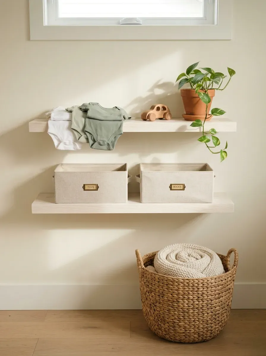 Stylish nursery storage with woven baskets, wooden shelves, and neatly folded baby clothes