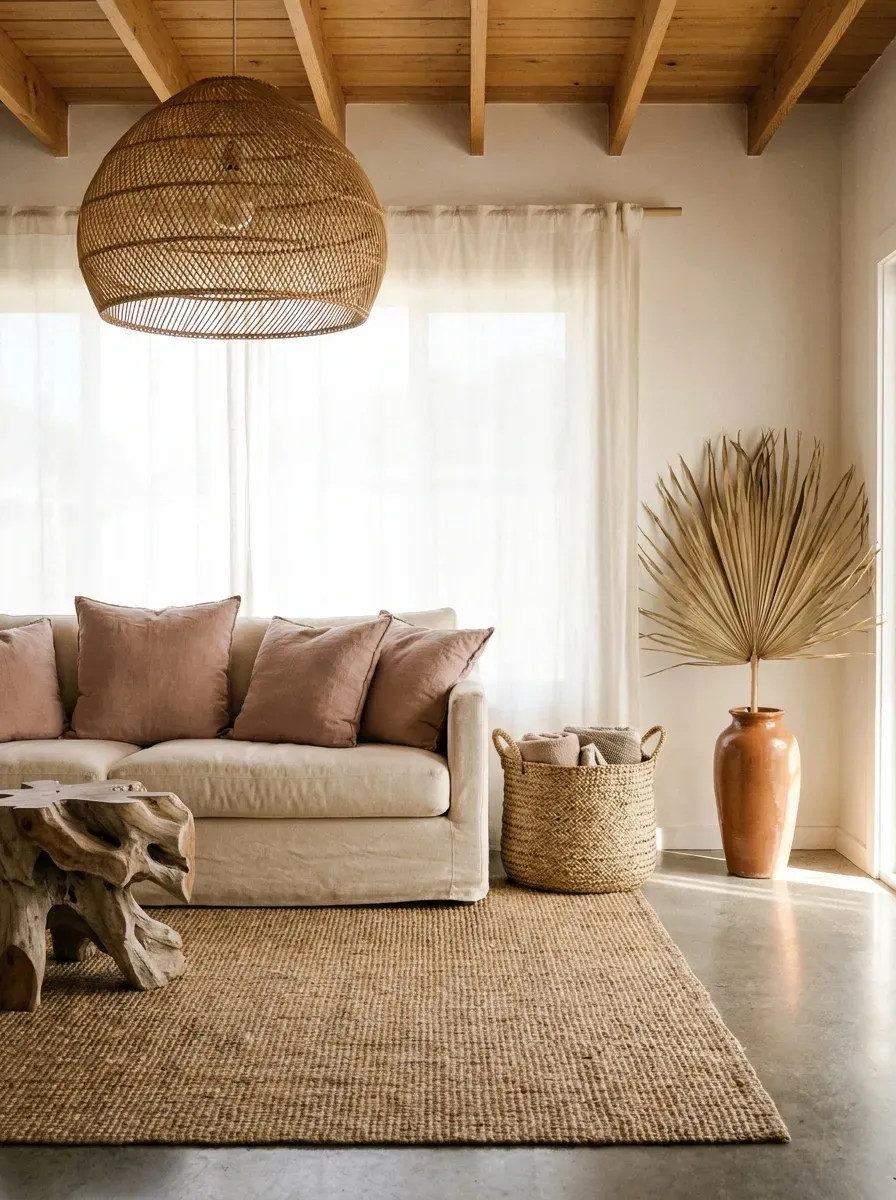 Classy living room with rattan pendant light jute rug seagrass basket and terracotta vase