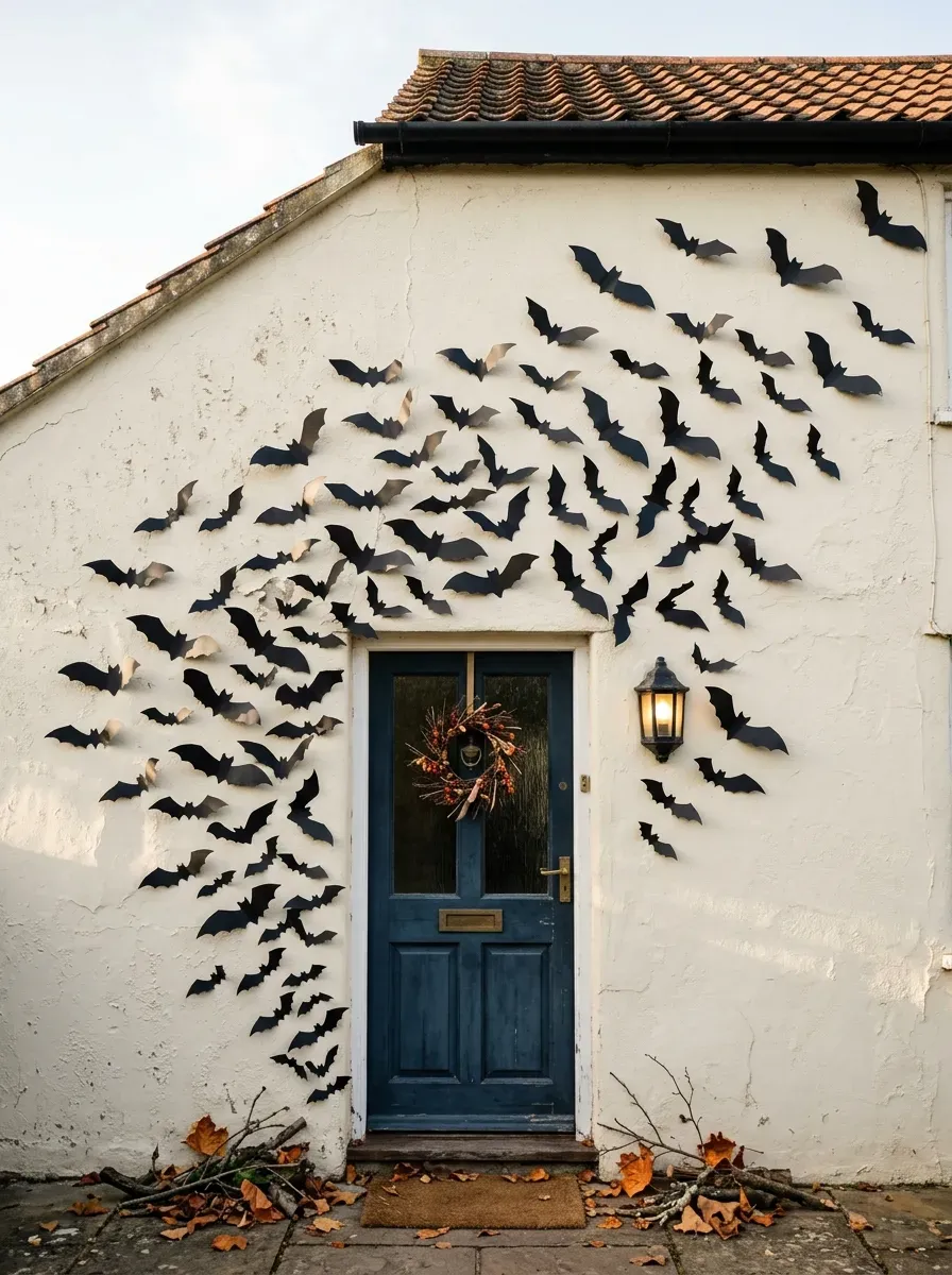 Dozens of black bats sweep across pale wall and Halloween front door