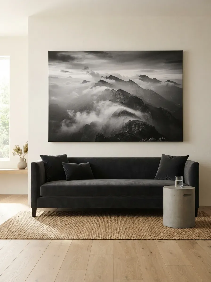 Massive black-and-white landscape canvas photograph centered above charcoal velvet sofa