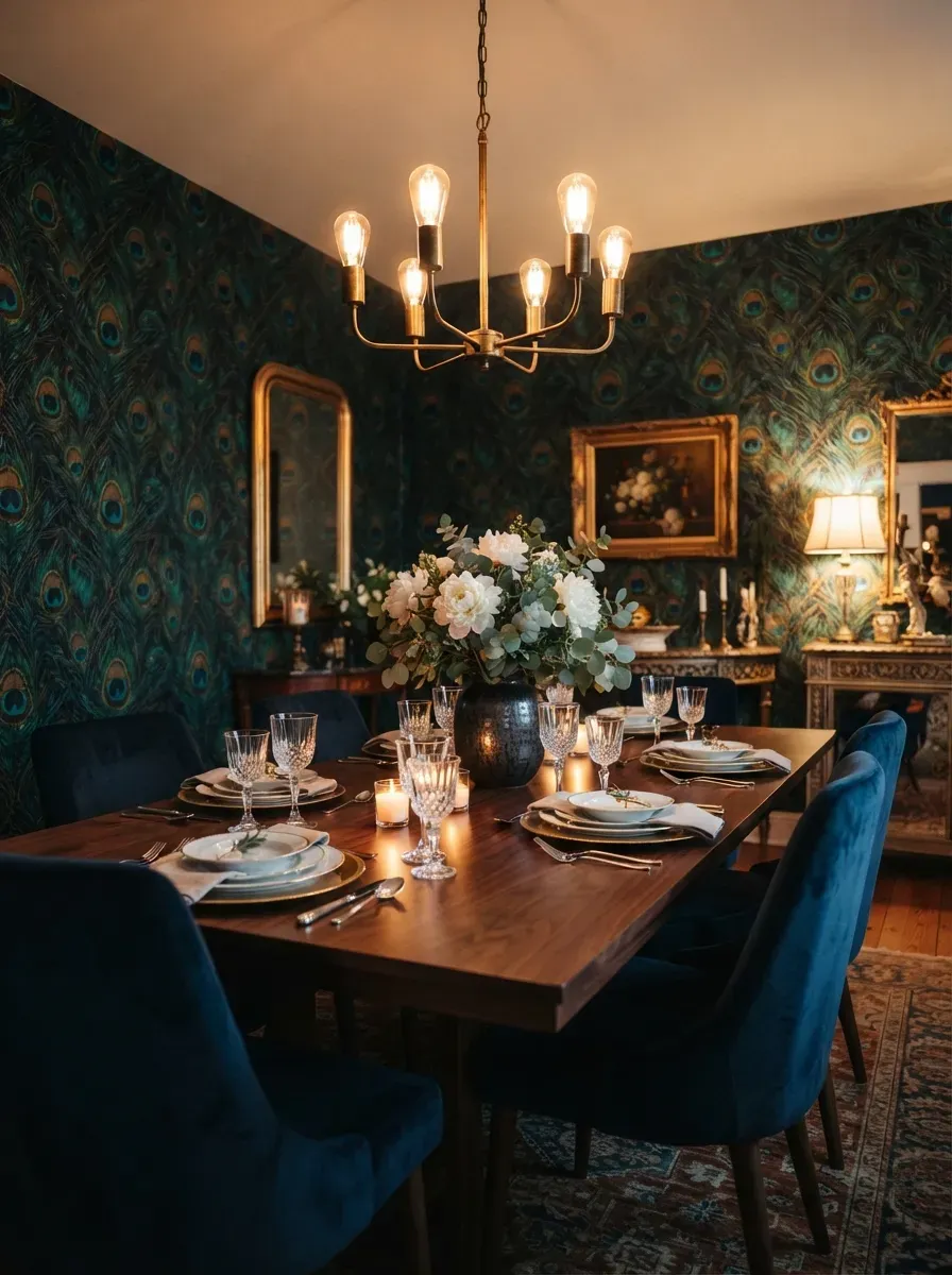 Elegant dining room with jewel-toned peacock feather wallpaper and velvet upholstered chairs