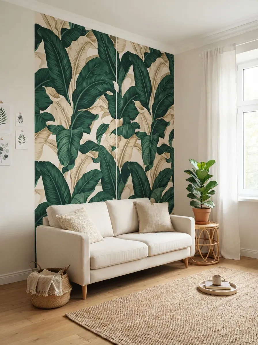 Bold botanical peel-and-stick wallpaper on single bright living room accent wall