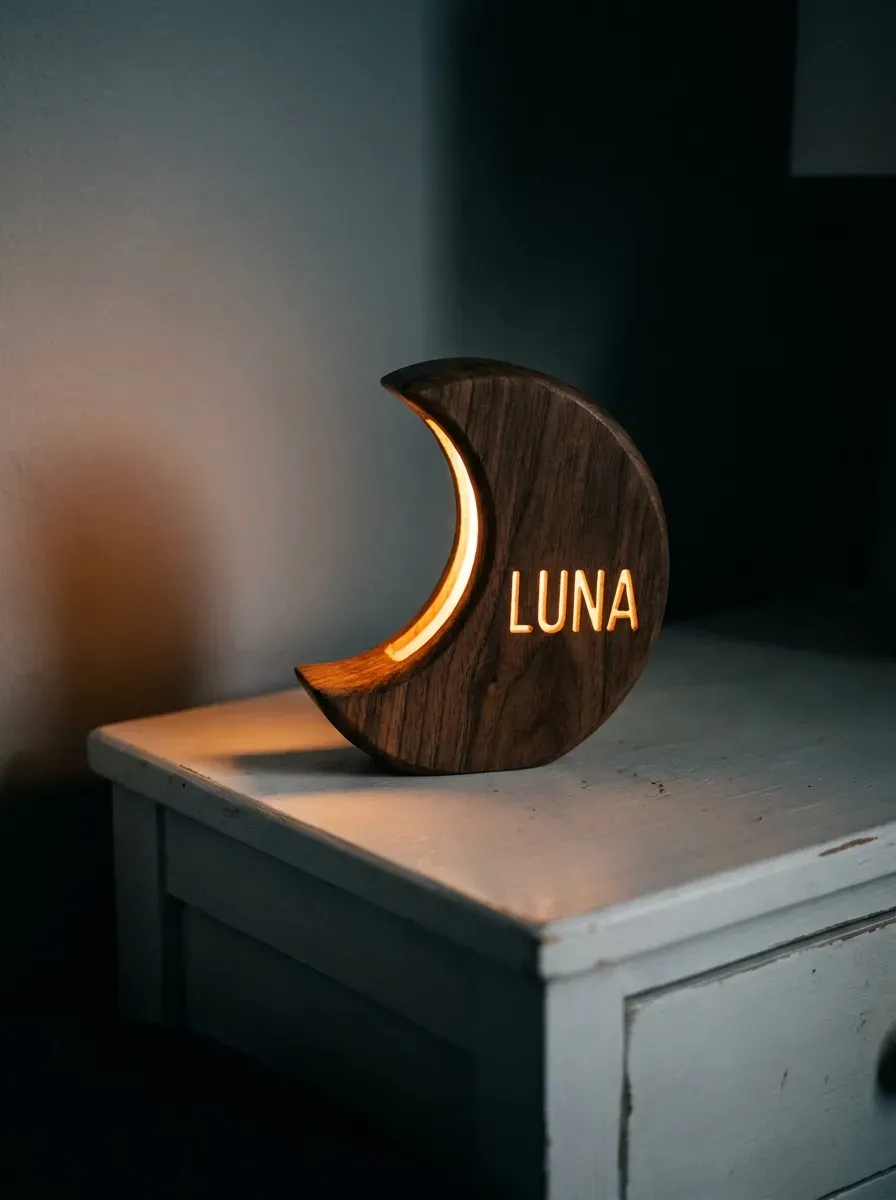 Crescent moon wooden nightlight with carved name glowing warm amber in dark nursery