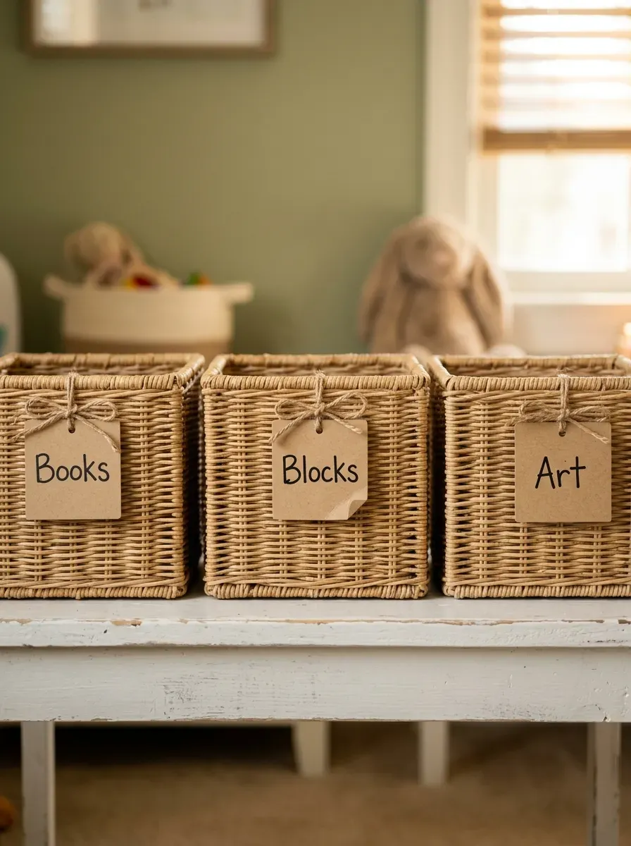 Close-up of labeled wicker baskets on a white shelf with handwritten kraft paper tags