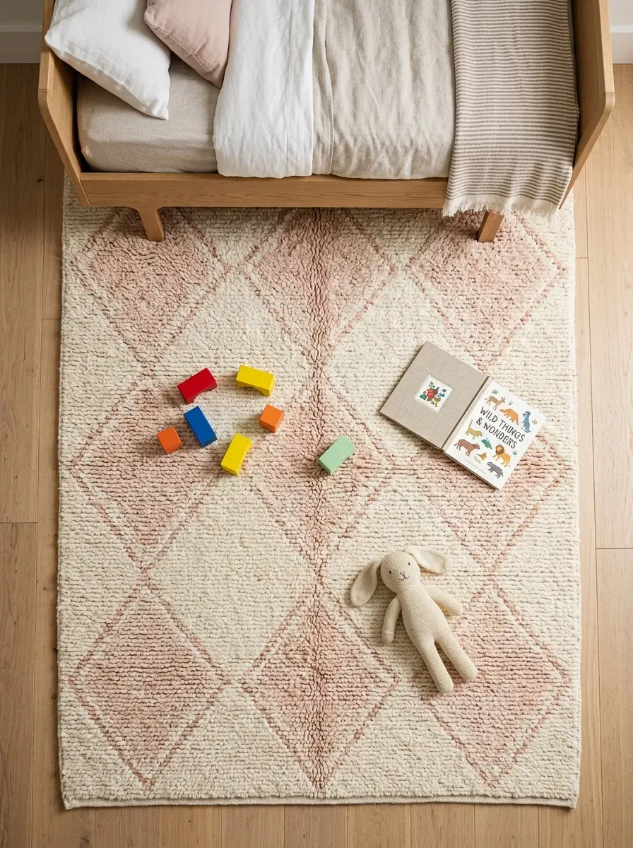 Overhead view of large ivory Moroccan rug anchoring a children's bedroom floor